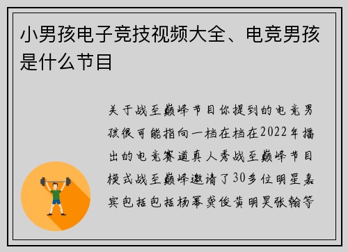 小男孩电子竞技视频大全、电竞男孩是什么节目